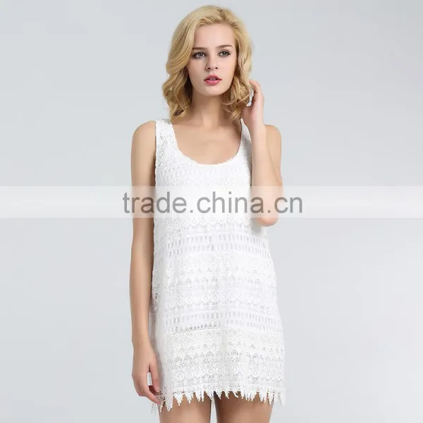 Ladies Elegant 100% Cotton Crochet Lace Singlet With Scalloped Bottom