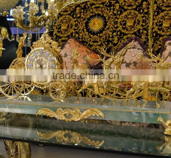 Antique 24K Gold Plated Deer Pulling Cart Table Clock, Marble Base Design Copper Table Clock photo-2