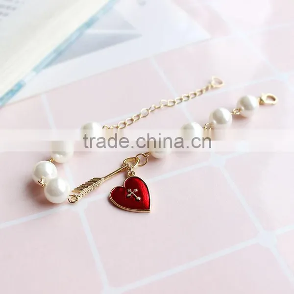 Cupid Arrow Love Bracelet Gold Arrow Red Enamel Cross Heart Charms Pearl Bead Link Bracelet photo-5