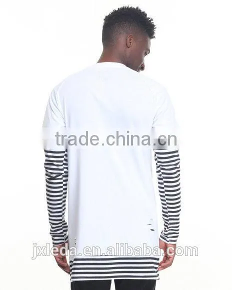 Crew Neck Tees Sleeve Color Block Stripe Layer Men's Longline t Shirt photo-6