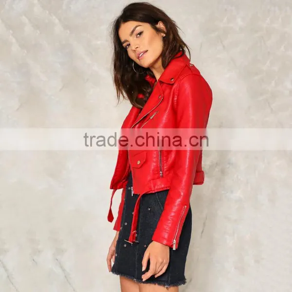 2017 Newest Design Red Winter Windproof Short pu Woman Suit Collar Jacket for Young Girls photo-2