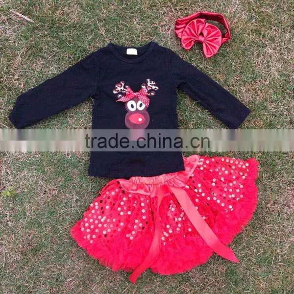 Full Stock Reindeer Long Sleeve Christmas Top X-mas Design Red Sequin Dress Girls Party Dress With Matching Accessory Set photo-2