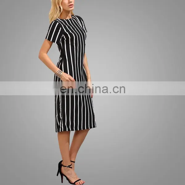Elegant White and Black Vertical Striped Dress Short Sleeves Midi Dress photo-4