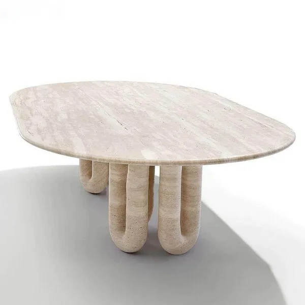 Light Luxury Natural Travertine Marble Stone Coffee Table Modern Minimalist Oval Coffee Table With Roman Column Base photo-4
