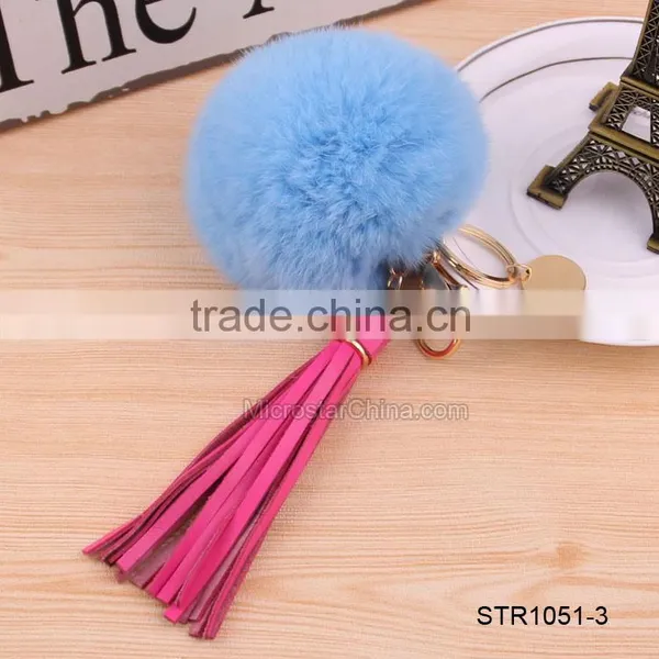 Custom Logo Genuine Leather Tassel Rabbit Fur Key Chain Pom Pom Fur Keychain photo-5