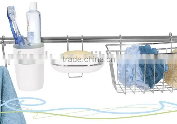 Top sale!!~~Bathroom tool hanging bar with mobile hooks and basket PF-E073