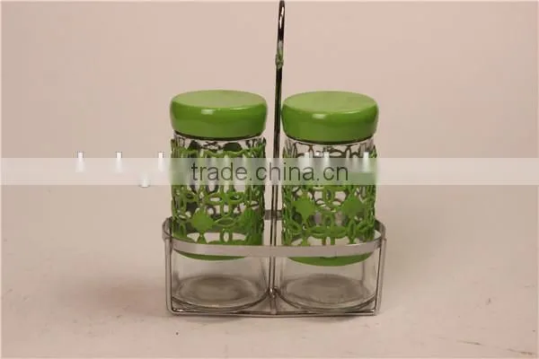 Set of 2 Round Glass Spice Jar Glass Condiment Jar With Metal Shelf photo-2
