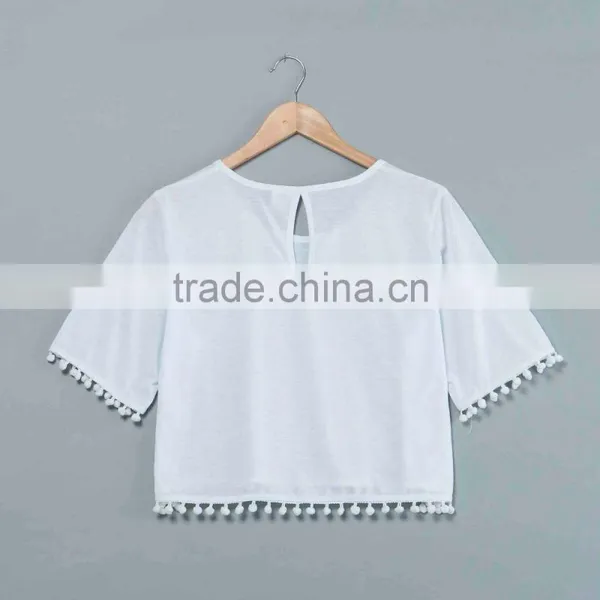 Pompon Crop Top T-shirt Sublimation Blank. no Minimum Qauntity Real Factory . Sublimation Blank photo-2