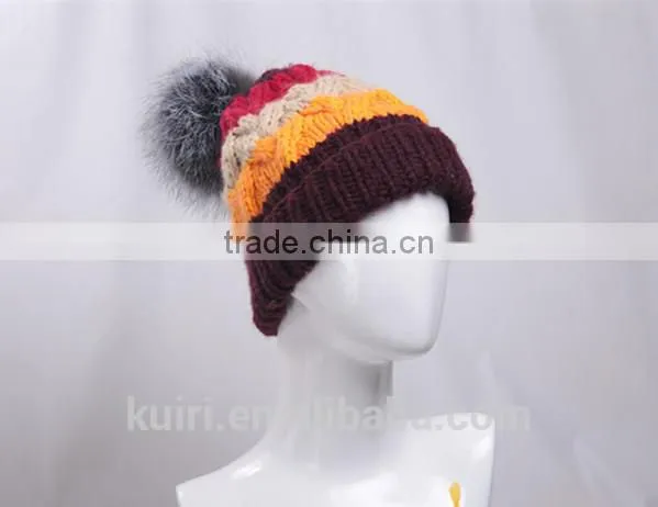 Winter Warm Knit Cap Thick Stick Knitting Mixed Color Winter Hats for Women Beanies With Fox Fur Poms photo-2