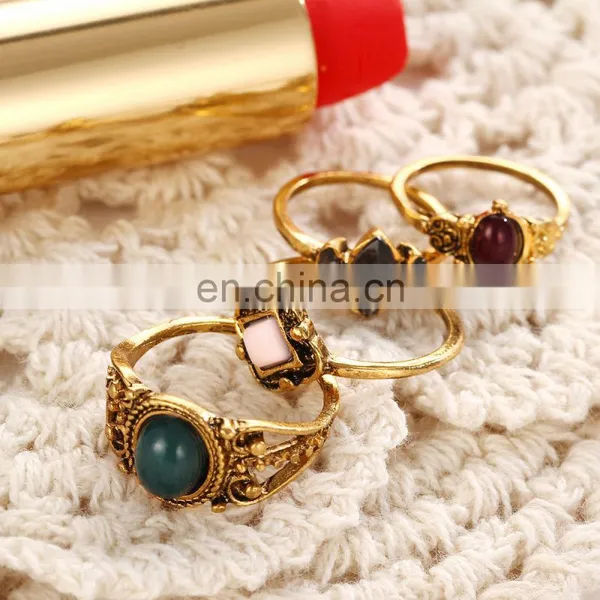 4pcs/set Retro Jewelry Carved Gemstone Finger Knuckle Rings Sets photo-4