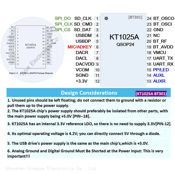 KT1025A BT301 Bluetooth Audio Chip IC Stereo MP3 Voice Download Module SPI Flash BLE 5.0 Data Transmission Solution AUX FM TF Card U Disk Playback photo-3