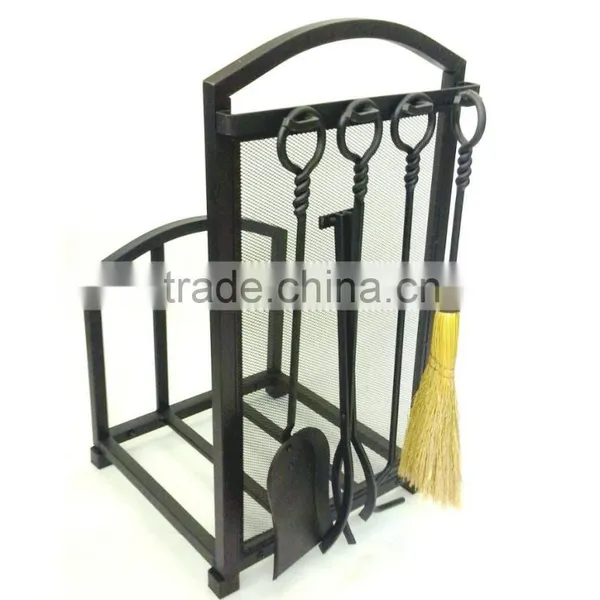 5 Piece Matte Black Hearth Center, Log Rack With Fireplace Tools photo-2