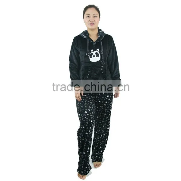 Kevince Flannel Pyjama Set Panda Emb Cap Knitting Woman Clothing Nightwear Homewear MOQ 1000sets photo-3