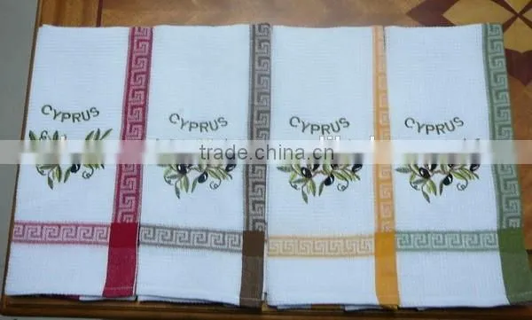 Waffel Yarn Dye Tea Towel Olove and Map Embroidery With Meantros Jacquard