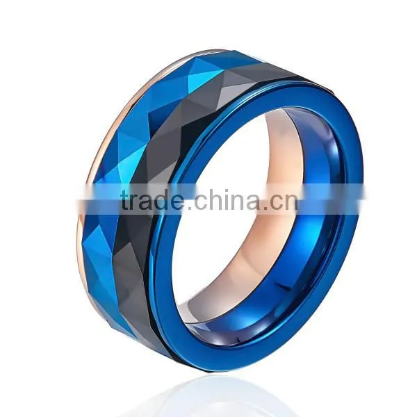 Men's Blue 316L Stainless Steel Ring, Blue Faceted Tungsten Ring, Black Faceted Tungsten Ring photo-2