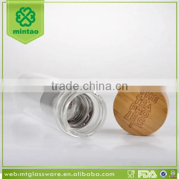 Promotion 400ml Custom Braned Double Wall Glass Drink Tea Water Bottles With Bamboo Lid photo-4