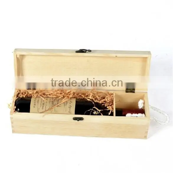 Hinged Lid Natural Color Pine Wood Wine Bottle Box