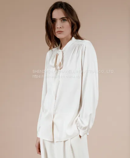 Ladies' 100%silk Long Sleeve Neck Belt Blouse