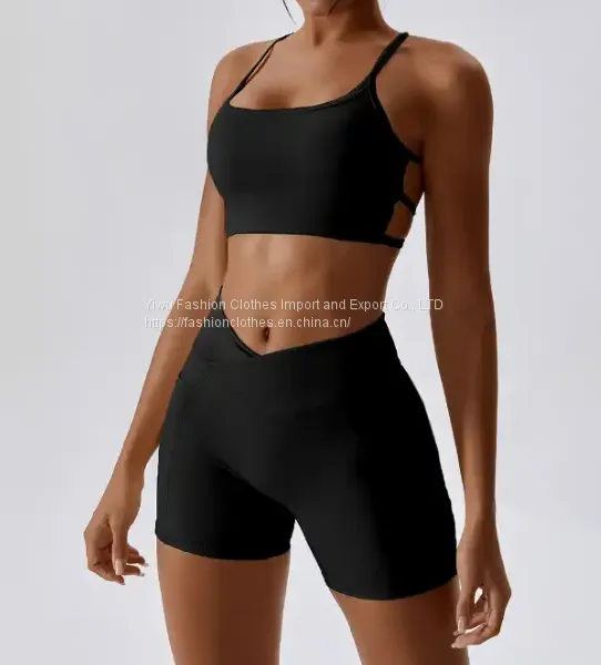 Wholesale Fitness Yoga Wear 2 Piece Active Wear Set Women Gym Multi Strap Open Back Sports Bra Front Cross Over Mini Shorts Set photo-4