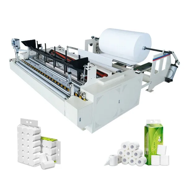 Máquina de enrollado de rollos de papel higiénico totalmente automática con perforado y estampado