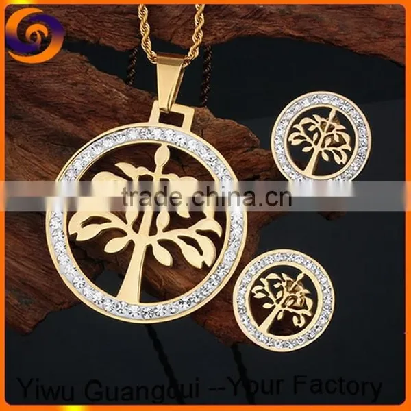 Stainless Steel Round Tree Necklace Earring Dubai Gold Jewelry Set