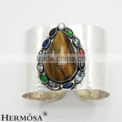 Exclusive Natural Stone Tiger's Eye 925 Sterling Silver Gemstone Wide Band Cuff Bangle photo-2