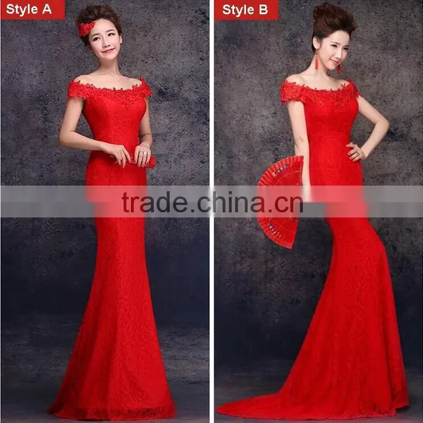Elegant Red Floor Length Gown Evening Dresses Ball Gown Capped Lace Embroidered Mesh Wrap Mermaid Dress Vestido Noite