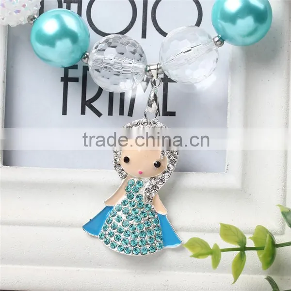 Blue Neckalce With Cute Girl Doll and Satin Bow Flower Hairband Wholesale Baby Girls Chunky Necklace and Hairband photo-2