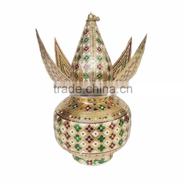 GOLDEN FLOWER DESIGNED S.S. MEENAKARI KALASH-COCONUT With 4 LEAVES- G.M. (10" x 5.5" x 5.5" INCHES)