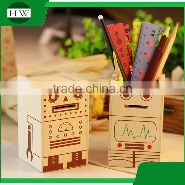 Multipurpose Wooden Cartoon Robot Piggy Bank Coin Penholder Storage Pen Container Case Box Holder photo-3