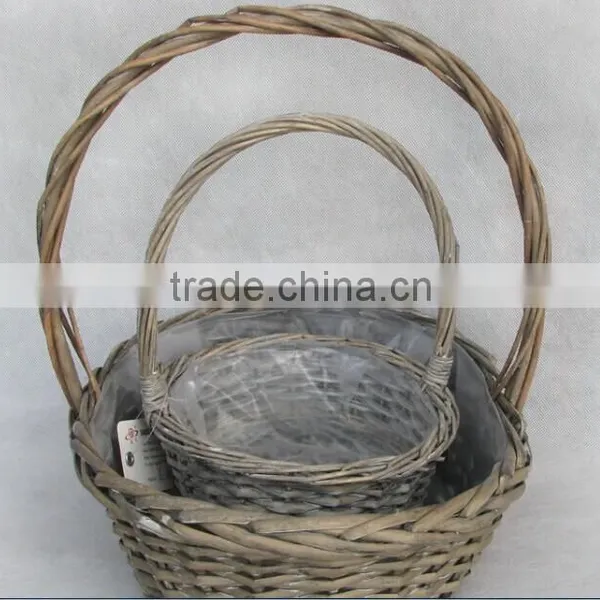 100%Handmade Natural Plastic Lined Grey Wicker Flower Plant Pot Flower Plant Basket With Handle photo-2