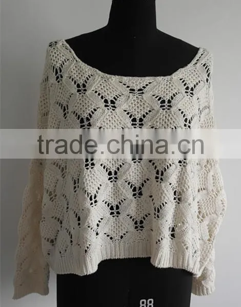 2014 Ladies Fashion Loose Long Sleeve White Crop Pullover Sweater