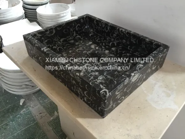 Black Sea Shell Marble Bathroom Vessel Rectangular Sink Black Marble Wash Basin photo-2