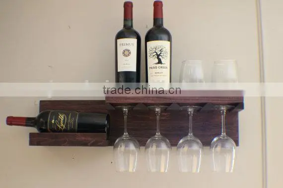 Antique Style Solid Wooden Wine Wall Shelf With Glasses photo-3
