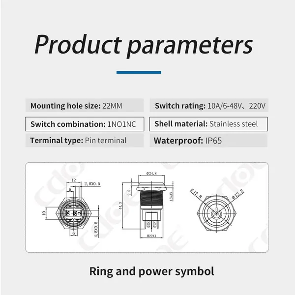 Ip65 22mm Metal and Symbol LED Head Light 1NO1NC 48v Button Power Switch Self Recovery photo-3