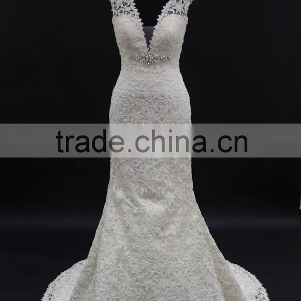 Sexy Deep V-neck With Embroidery Beading Trim Thick Venice Over Lace Sheath Wedding Dress