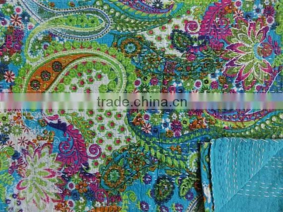 Blue Color Multi Print Paisley Cotton Bedspread, Decorative Queen Size Kantha Quilt, Reversible Indian Bed Cover, Designer Kanth photo-2