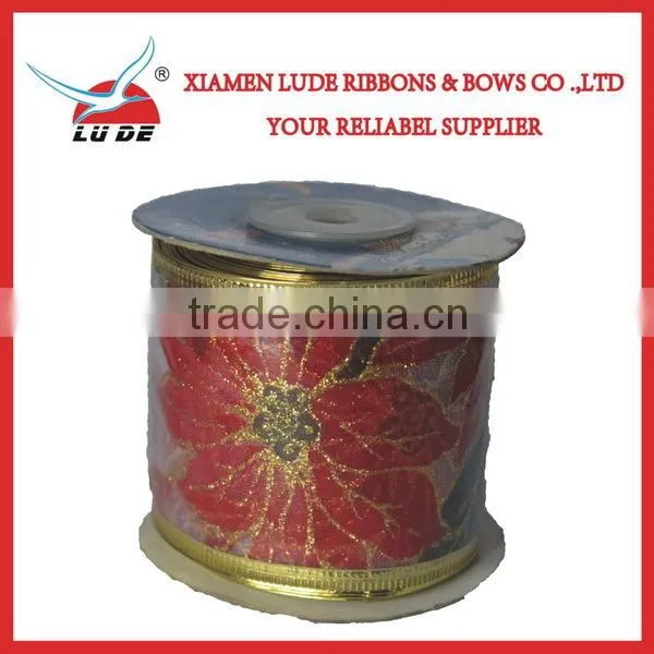 Gift Packing Use Red Leaf Wire Edge Christmas Ribbon photo-6