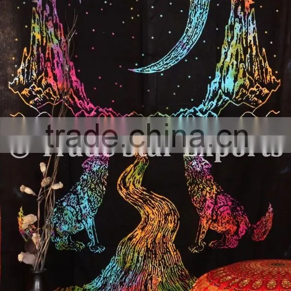 Twin Size Tie Dye Wolf Howling at Moon Wall Art Cotton Boho Wall Hanging Tapestry photo-5