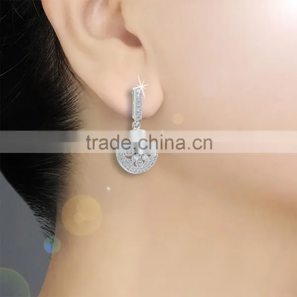 2016 Round Shape Pendant Earring White Gold Plated Women's Party Earring Inlaid Flower Cubic Zirconia photo-3