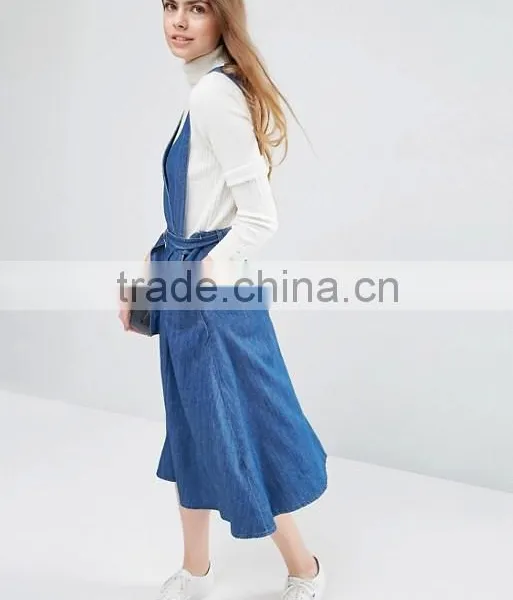 Wrap Front Pinafore Midi Dress Denim Dresses Women photo-3