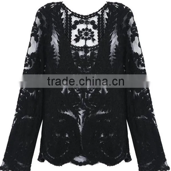 Ladies Sexy Knitted Hollow Crochet Embroidery Stretch Lace Tops photo-3