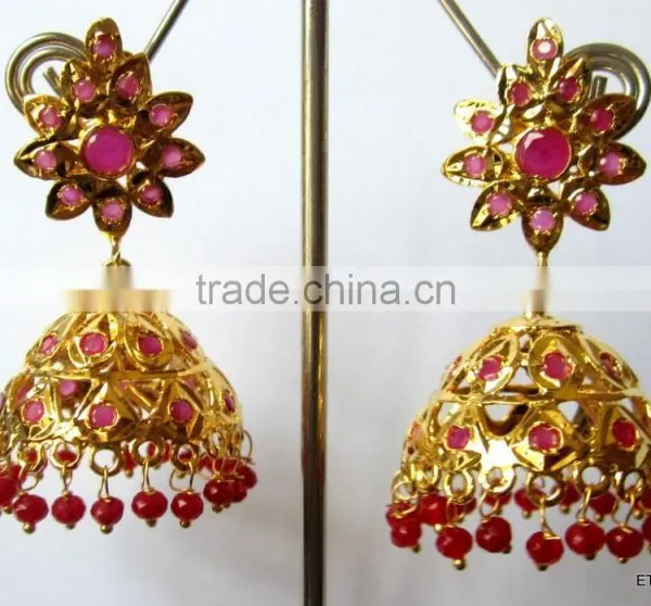 JADAU GOLD PLATED Dangler RUBY JHUMKA TEMPLE EARRINGS photo-2