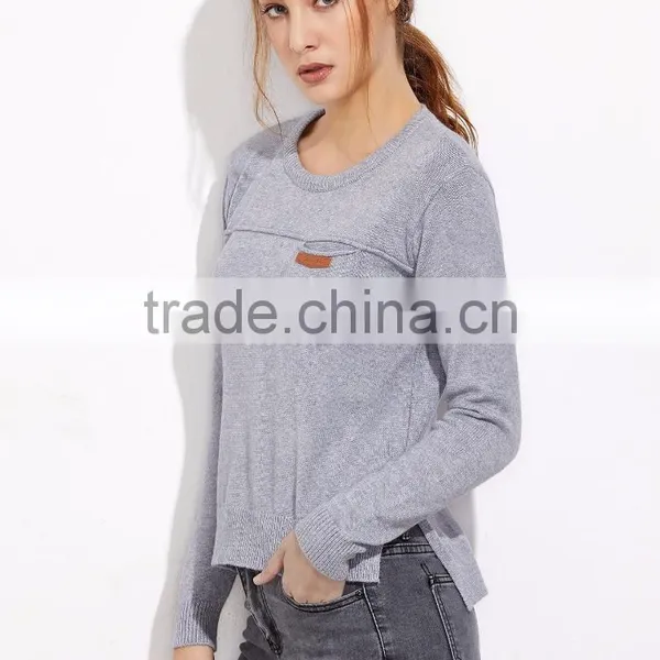 Custom Made Grey Split Side High Low Pocket Sweater Long Sleeve Round Neck Pullovers Casual Sports Sweater photo-2