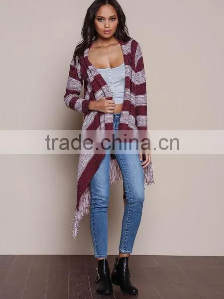 MGOO OEM Custom Burgundy Fringe Cardigan Mohair Striped Outwear Koreas Style Tassels Asymmetric Sweaters photo-6