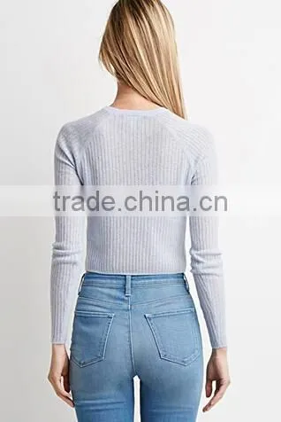 Slim Fit Short Body Round Neck Long Raglan Sleeve Melange Woolen Sweater photo-4