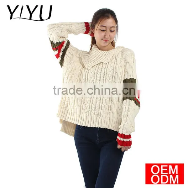 Trendy Custom School Unifrom Women V-neck Asymmetric Hem Cable Knit Sweater photo-6