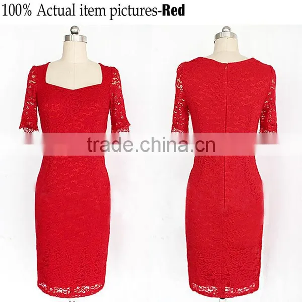 Fashion Vintage Short Sleeve Elegant Floral Lace Cocktail Party Dresses For Women photo-2