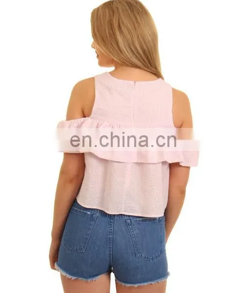 2017 Summer Style Pink Cold Shoulder Frill Top photo-3