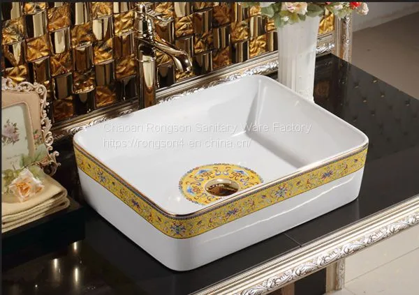 China Ceramic Bathroom Sanitary Ware Rectangle Single Hole Golden Art Luxury Table Top Wash Art Basin photo-4
